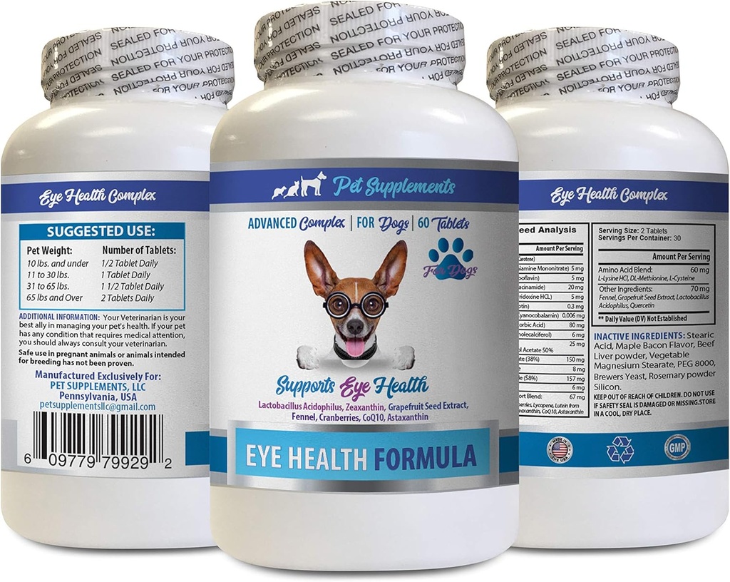 Chiens Vitamines oculaires - Chiens Formule santé oculaire - Complexe avancé de soutien oculaire - VETS Recommandé - Lutéine pour chien - 1 bouteille (60 comprimés)