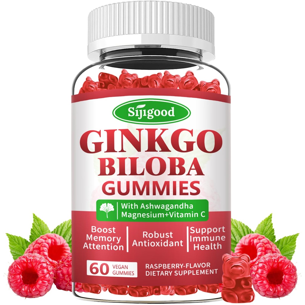 Ginkgo Biloba Gummis mit Panax Ginseng und Magnesium, Ginkgo Biloba Ergänzungen für Fokus, Gedächtnis und Gehirn Gesundheit für Erwachsene & Kinder, Vegan Himbeer Flavor Gummis, 60 Zähler