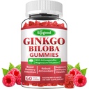 Ginkgo Biloba Gummis mit Panax Ginseng und Magnesium, Ginkgo Biloba Ergänzungen für Fokus, Gedächtnis und Gehirn Gesundheit für Erwachsene & Kinder, Vegan Himbeer Flavor Gummis, 60 Zähler
