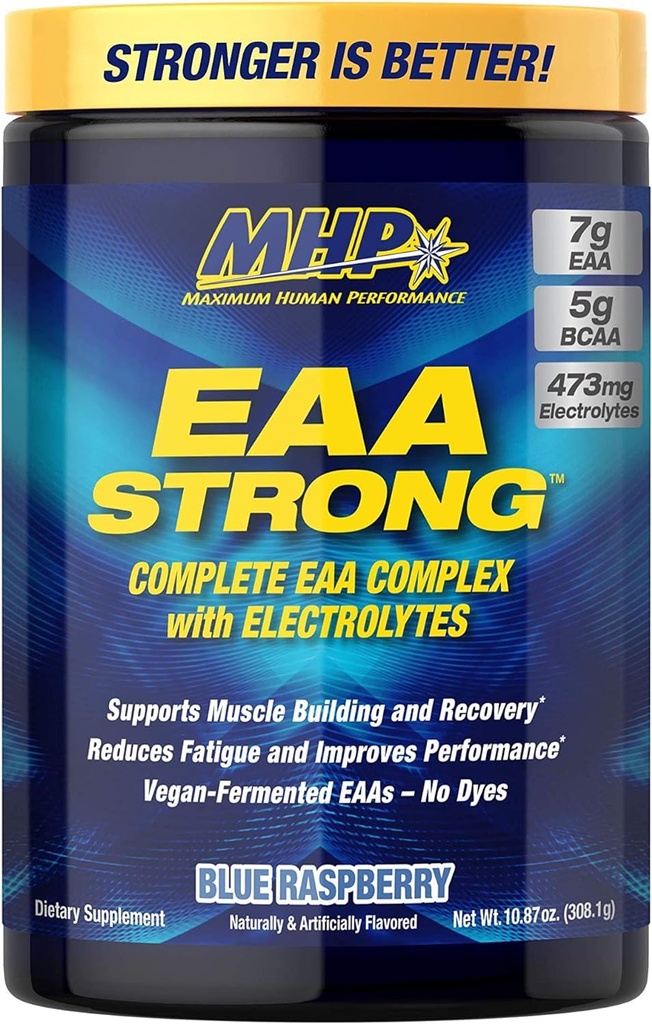 Maximale menschliche Leistung Mhp Eaa Strong, Aminosäure-Ergänzungen, Alle 9 essentiellen Aminosäuren, Bcaas, Elektrolyte, Blauer Himbeer, 1,2 Pfund