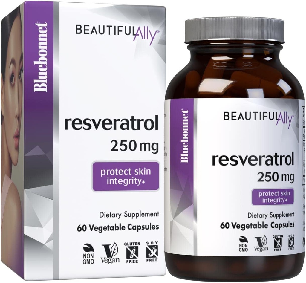 Bluebonnet Nutrition Belle Ally Resveratrol 250mg, Best for Skin, Antioxydant, Beauté Nutrient, Vegan, Végétarien, Non OGM, Sans gluten, Sans soja, 60 Capsules végétales, 60 portions