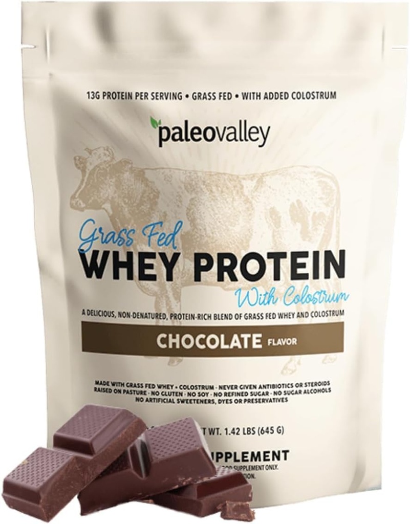 Paleovalley 100% Poudre de protéines de lactosérum avec Colostrum, 13g de protéines, Chocolat, Muscle Building, Immune Support, Gut Health