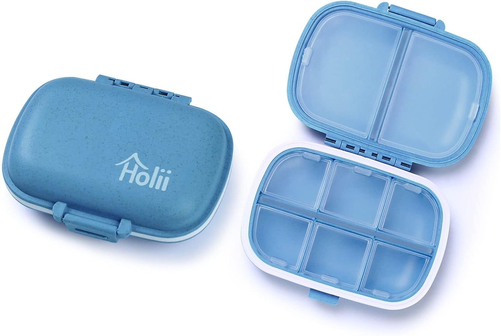 Holii 2PS 8 Compartments Travel Pill Organizer, Pocket Pharmacy for Purse Daily Pill Box Portable Medicine Organizer Vitamin Holder Container (Blau)