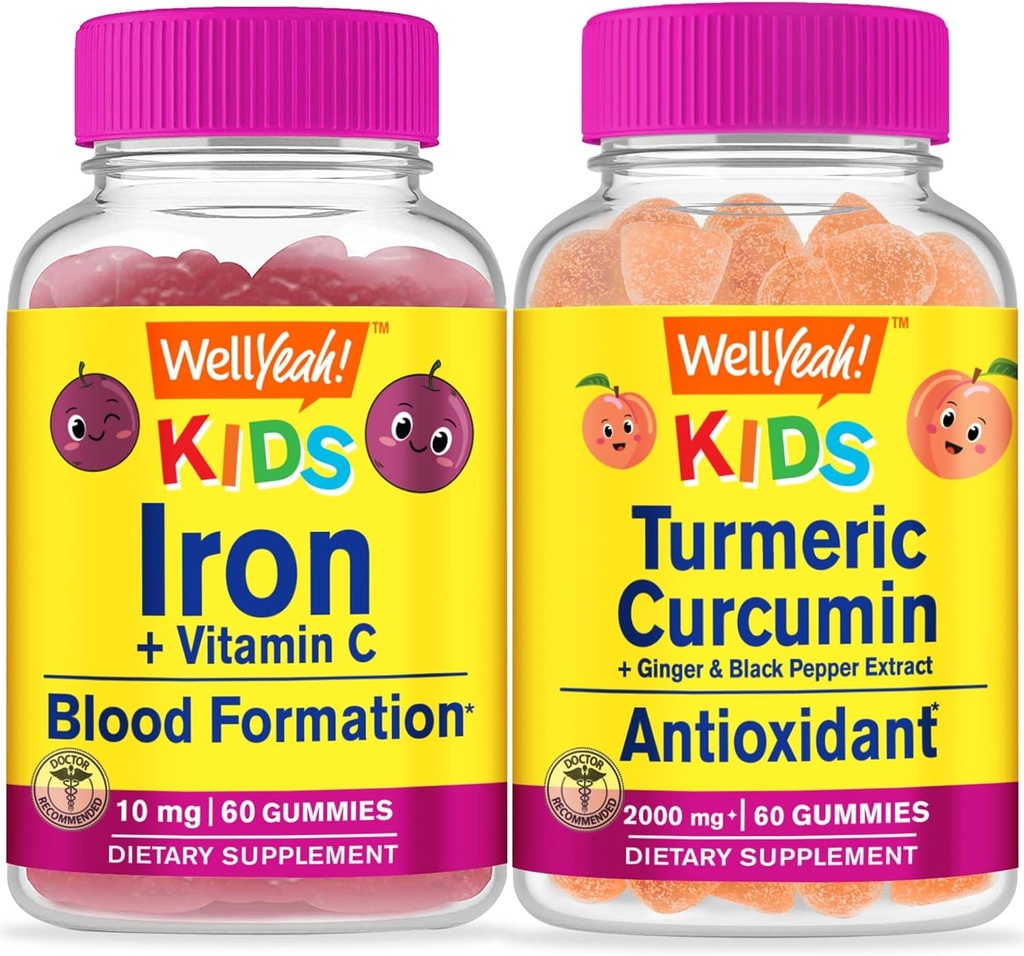 Wellja Iron + Vitamin C Kinder + Kurkuma Kinder, Gummis Bundle - Große Verkostung, Vitamin-Ergänzung, Glutenfrei, GMO frei, Kaugummi
