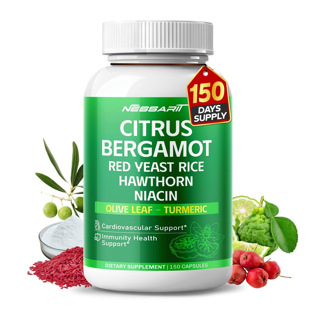 Citrus Bergamotte Ergänzung - 15-in-1 Natürliche Mischung mit roten Hefe Reis Hawthorn Olive Blatt Odorless Knoblauch Turmeric Ginger Fenugreek - 150 Count - Made & Tested in USA