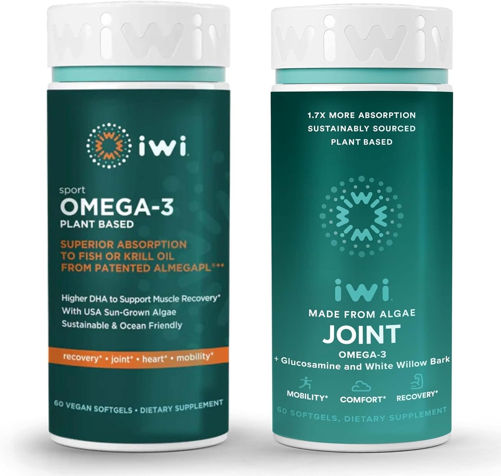 iwi Omega-3 Sport & Joint Omega-3 Bundle, 30 Servings, Vegan Plant-Based Algae Omega 3, Krill & Fish Oil Alternative, No Fishy Aftertaste