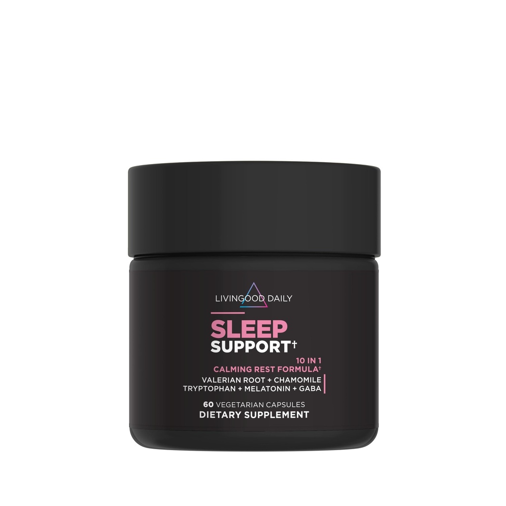 Supplément de sommeil quotidien Livingood, aide naturelle au sommeil de 10-en-1 avec 5 MG Melatonine, racine valériane, camomille, tryptophane et GABA pour les hommes et les femmes, sans habitude, sans gluten, végétalien, 60 capsules