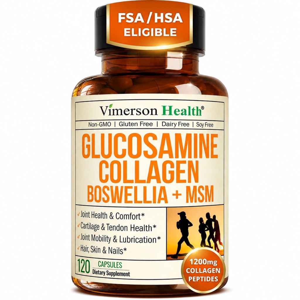 Glucosamin Chondroitin MSM mit hydrolysierten Collagen Peptiden - Joint Support Supplement mit Quercetin, Bromelain & Boswellia Extract - Collagen Pillen für Haarhautnägel - FSA Eligible 120 Caps