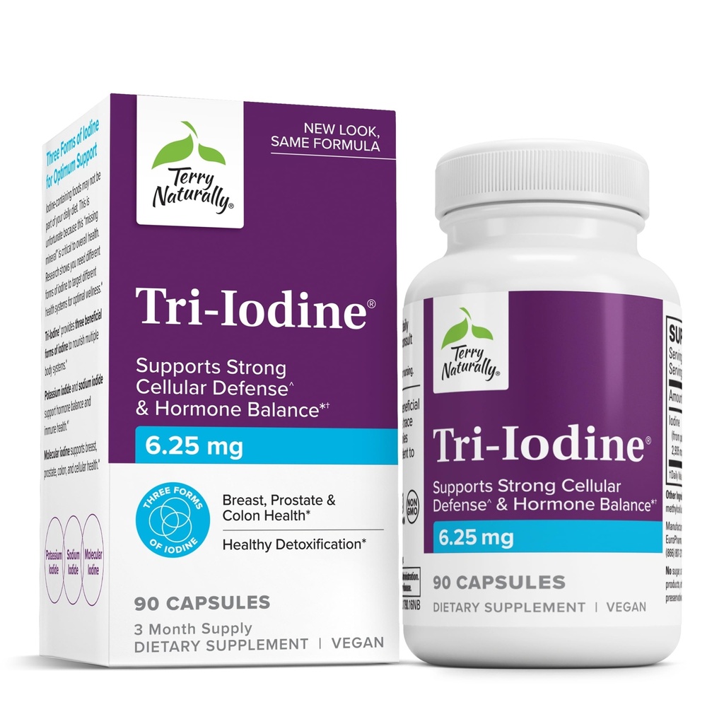 Terry Natürlich Tri-Iodine - Unterstützung Schilddrüsengesundheit - Aids Hormon Balance mit molekularem Jod von Kelp - Eigenschaften Kalium-Iodid & Natrium-Iodid - Gehirn & Energie-Unterstützung - 6.25mg, 90 Kapseln