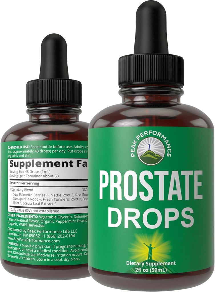 Prostata-Unterstützung für Männer Gesundheit. Vegan Kosher Prostata-Gesundheits-Flüssigtropfen mit Organic Saw Palmetto, Nettle, Turmeric, Peppermint, Wild Sarsaparilla + Rotwurzel