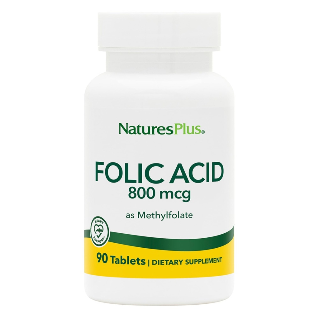 Natures Plus acide folique (méthylfolate) - 800 mcg, 90 comprimés végétaliens - favorise la croissance saine des tissus - végétalien, sans gluten - 90 portions