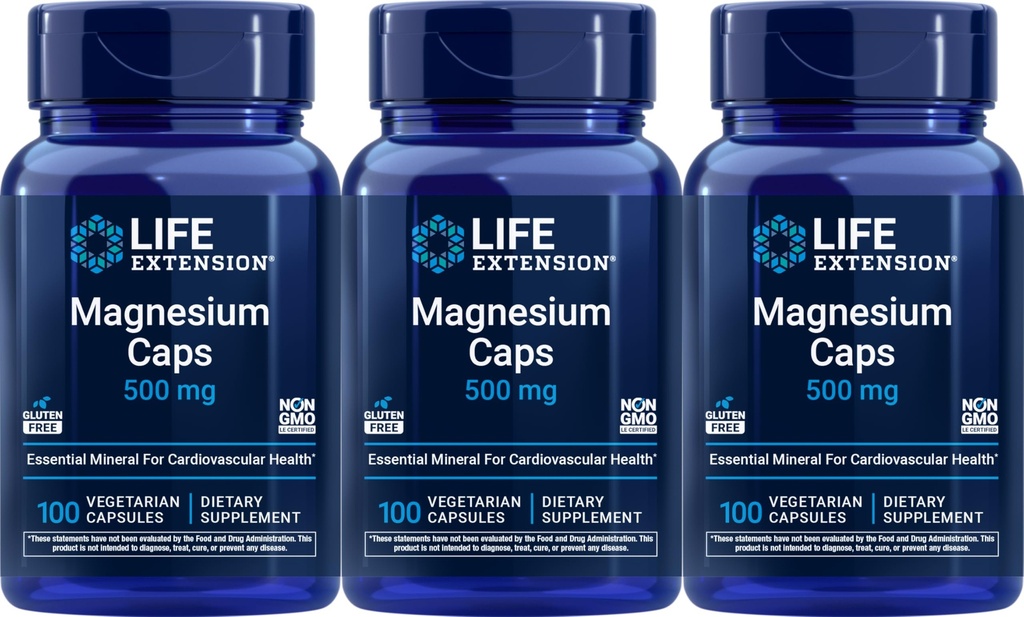 Prolongation de la durée de vie Magnésium 500 mg, 100 capsules végétariennes (paquet de 3)