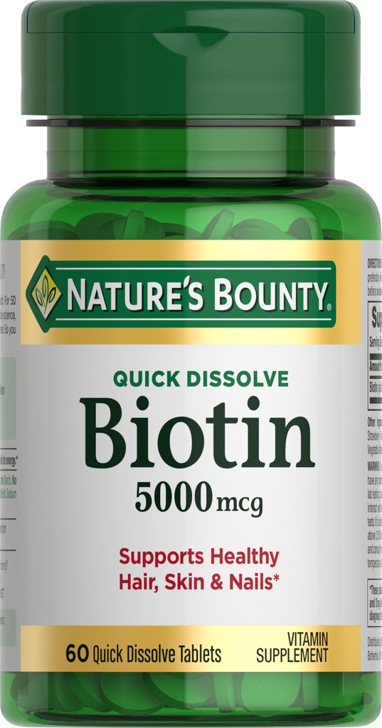 Nature's Bounty Biotin, unterstützt Stoffwechsel für zelluläre Energie und gesundes Haar, Haut und Nägel, 5000 mcg, 60 Quick Dissolve Tabletten