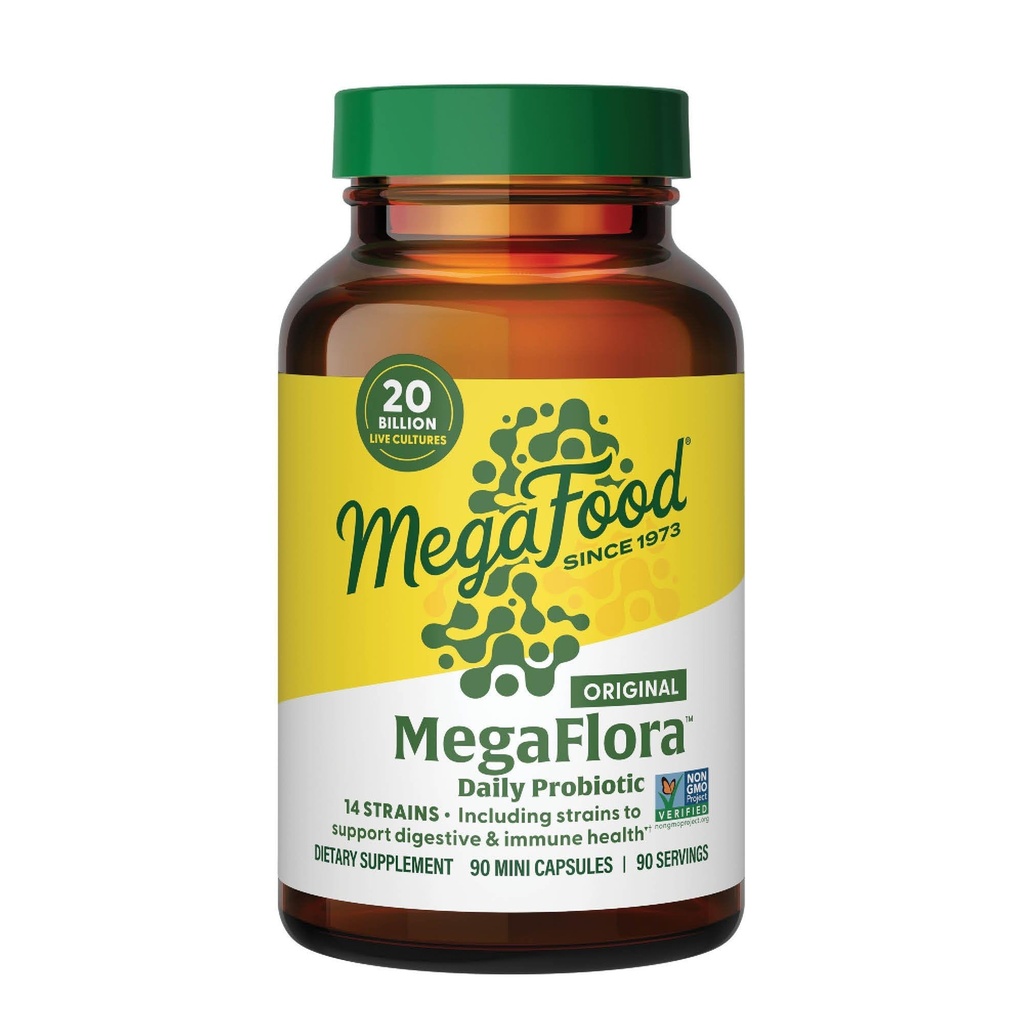 MegaFood MegaFlora Probiotic - Probiotics for Women Digestive Health - Immun Support Supplement - 20 Billion CFU - 14 Strains - Non-GMO - Vegetarian - 90 Mini Capsules (90 Servietten)