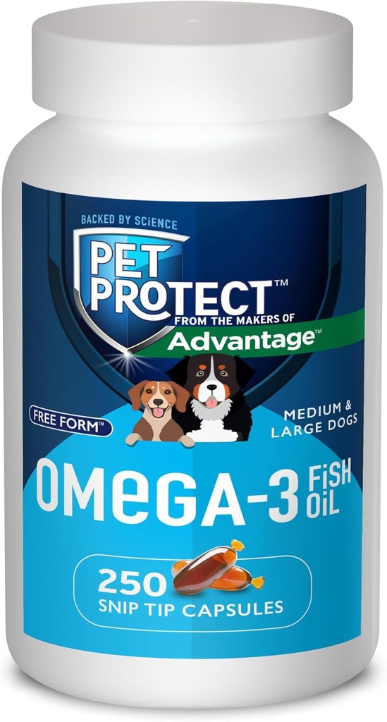 Pet Protect M/L Dog Omega-3 Supplement, Proprietary Free Form Blend, Supports a Normal Inflammatory Response, Snip-Tip Capsules (250 Count)