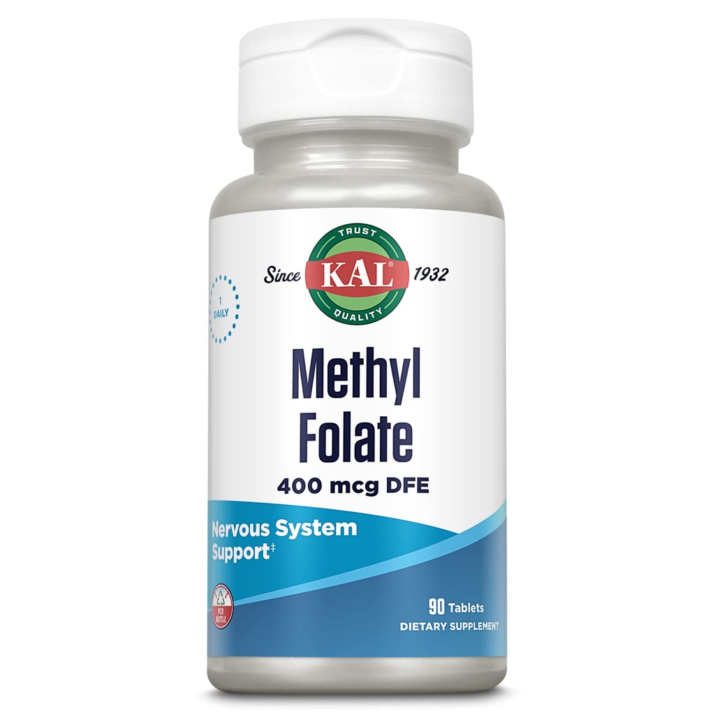 KAL Méthyl Folate 400 mcg DFE, forme active 5-MTHF Vitamine B9, supplément d'acide folique, santé cardiaque, soutien prénatal, de l'humeur et du cerveau, solution rapide ActivTab, garantie de 60 jours, 90 portions, 90 comprimés