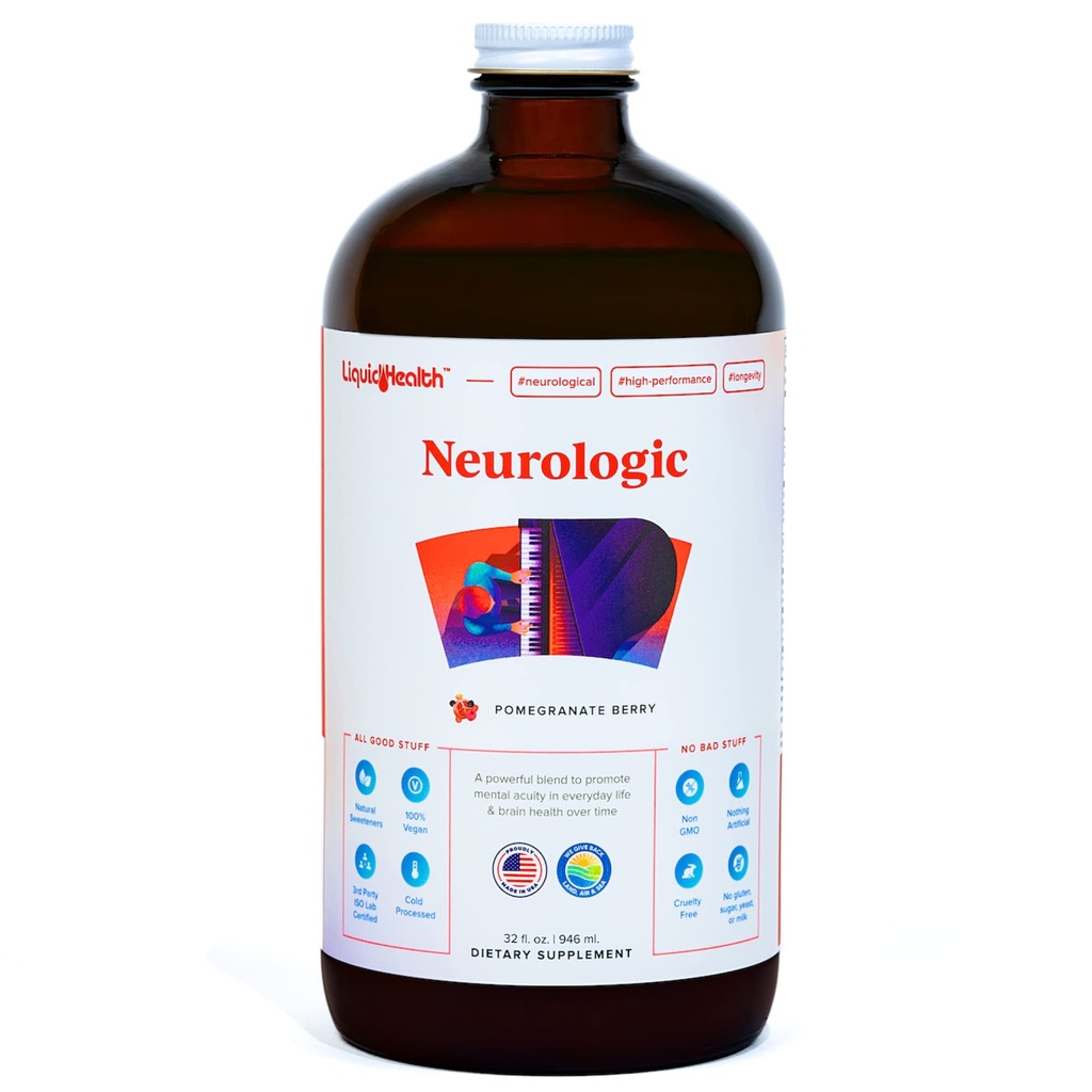 LIQUIDHEALTH Neurologic Focus Supplement - Brain Booster Nootropic Supplement für kognitive Funktion, Memory & Focus mit Ginkgo Biloba, Choline, L-Theanin &amp; Phosphatserin - USA Made (32 oz)