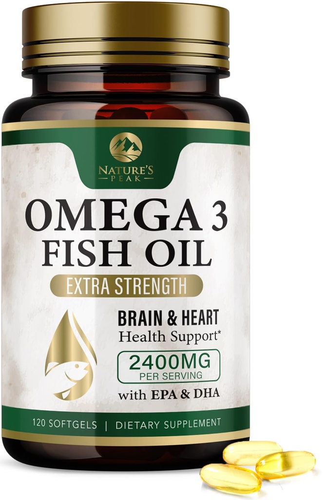 Pilules d'huile de poisson Omega 3 2400mg - Suppléments d'huile de poisson Omega 3 Triple Strength - Meilleurs acides gras EPA et DHA pour le soutien du cerveau et du coeur, supplément Omega3 de la nature, 60 jours d'approvisionnement - 120 Softgels