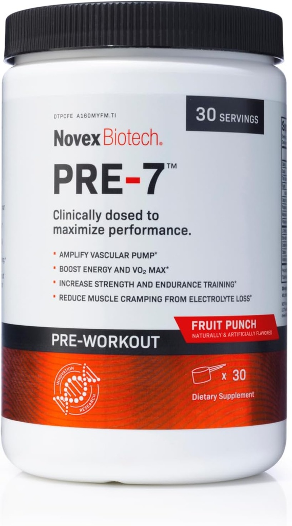 Novex Biotech PRE-7 Poudre de pré-entraînement pour les hommes - Boost Energy, Focus, et VO2 max, Support Hydratation pendant l'exercice prolongé*, punch aux fruits