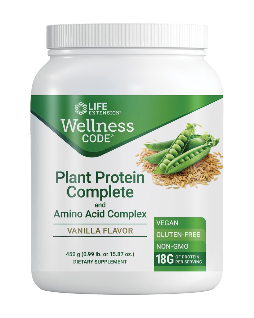 Life Extension Wellness Code® Plant Protein Complete & Amino Acid Complex (Vanilla), Plant-Based Protein Powder Plus verzweigt-Chain Aminosäuren, Glutenfrei, Non-GMO, Vegetarisch, 450 Gramm