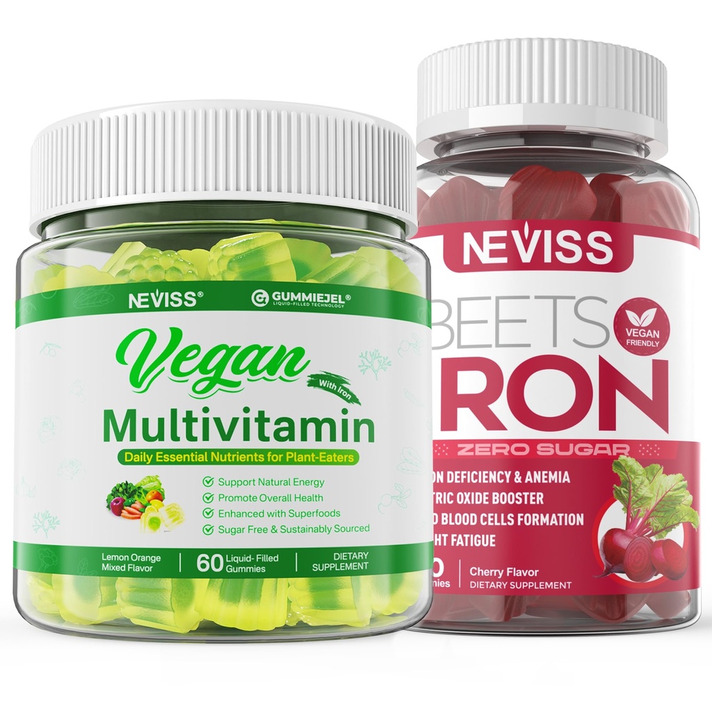 Vegane Eisengummis mit Vegan Multivitamin für Männer mit Eisen, Vitamin B12, A, D3, K2, Algae Omega 3, Magnesium, Zink