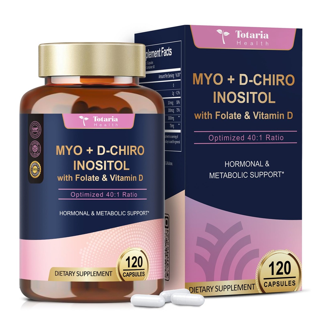 Totaria Myo-Inositol & D-Chiro Inositol Ergänzung Kapseln 3075mg, Plus Multivitamin Vitamin D3, Folat, Ideal 40:1 Ratio - Hormonal Balance für Frauen & Ovarian* Unterstützung | Vegan, Non GMO - 120 Caps