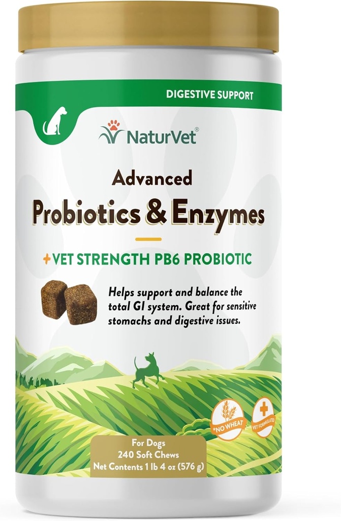 NaturVet Advanced Probiotics & Enzymes, PB6 Dog Soft Chews, um empfindliche Stomachs und Verdauungsprobleme zu helfen, Hickory Smoked Bacon Flavored Pet Supplement für Hunde über 6 Wochen, 240 Count Jar