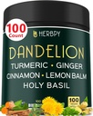 Dandelion Root Supplement 7500mg 6in1 für Verdauung, Herzgesundheit & Immune - Blended with Ginger, Turmeric Curcumin, Ceylon Cinnamon, Lemon Balm & Holy Basil - 100 Dandelion Capsules