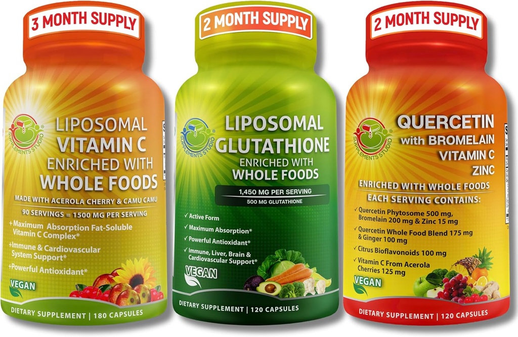Ensemble complet d'antioxydants et immunosupport - Vitamine liposomique C 1500mg + Glutathion liposomique 500mg + Quercetine avec Bromelain, Zinc et Vitamine C – Vegan, Formules d'absorption améliorée