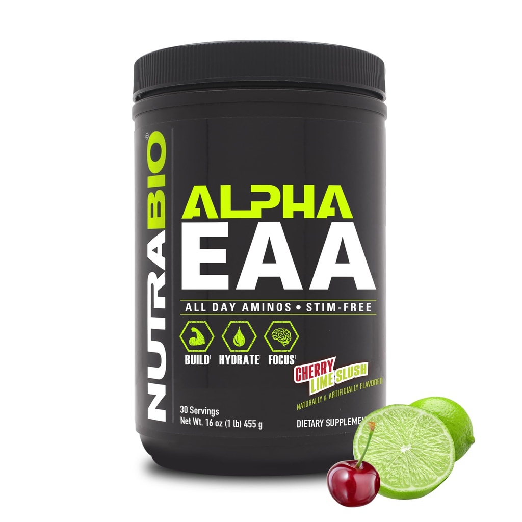 NutraBio Alpha EAA - Acides aminés toute la journée pour la croissance et l'hydratation musculaires - Acides aminés essentiels avec nootropiques et adaptogènes- Full Spectrum EAA BCAA Poudre - 30 portions - Lime cerise
