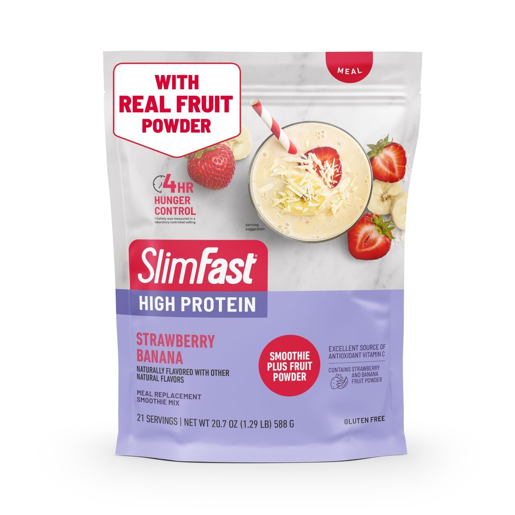 SlimFast High Protein Smoothie Mix Plus Fruit Powder, High Protein Meal Replacement Powder, Fiber, Vitamin C, 21 Servierungen, 1,29 Pfund, Erdbeer Banana (Packaging May Vary)