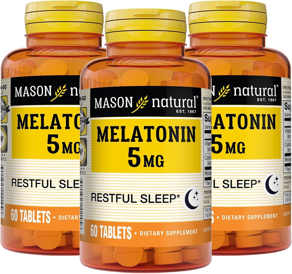 MASON NATURAL Melatonin 5 mg mit B6 und Kalzium - Natürliche Schlafhilfe, Unterstützt gesunde Schlaf und Erholung, 60 Tabletten (Pack mit 3)