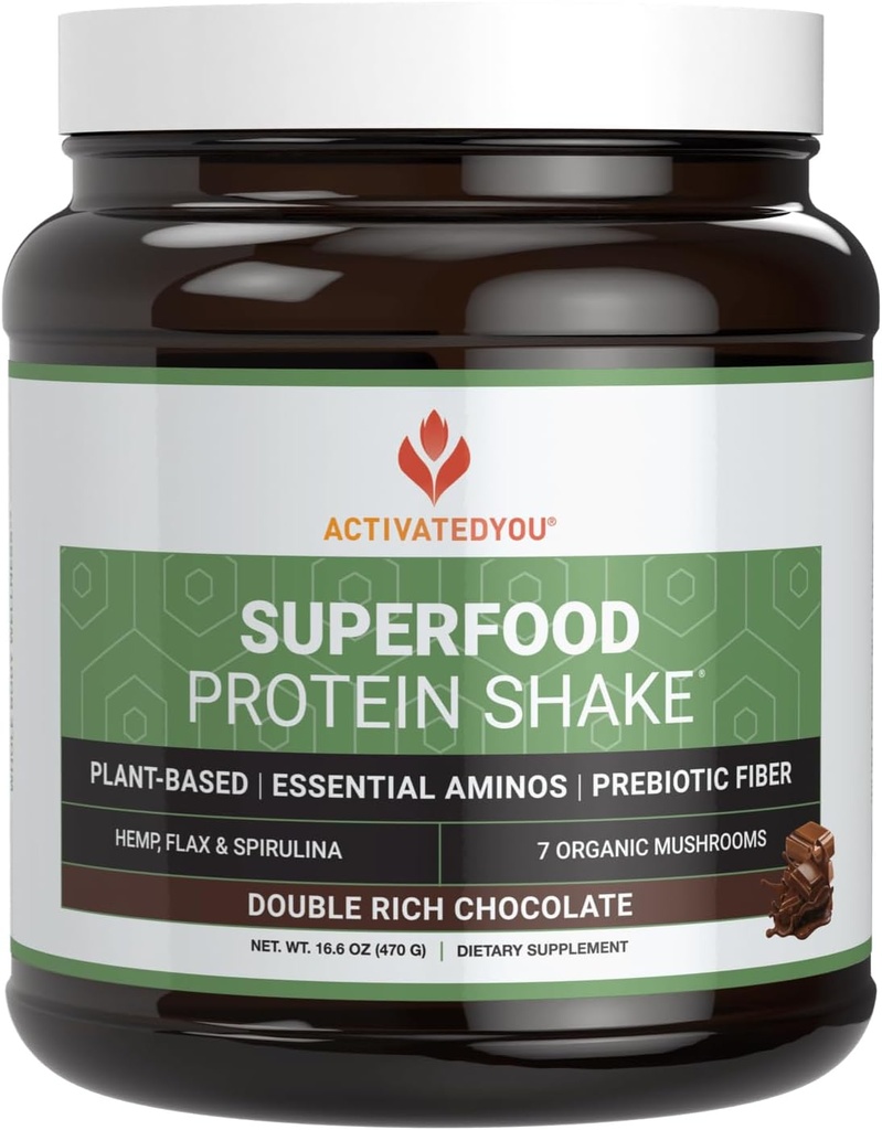 ACTIVATEDYOU Superfood Protein Shake -Vegan Pflanzenprotein Pulver - mit Bio 7 Pilzmischung, Spirulina und GoldRella Chlorella - fördert Muskelintegrität, Schokoladengeschmack (15 Portionen)