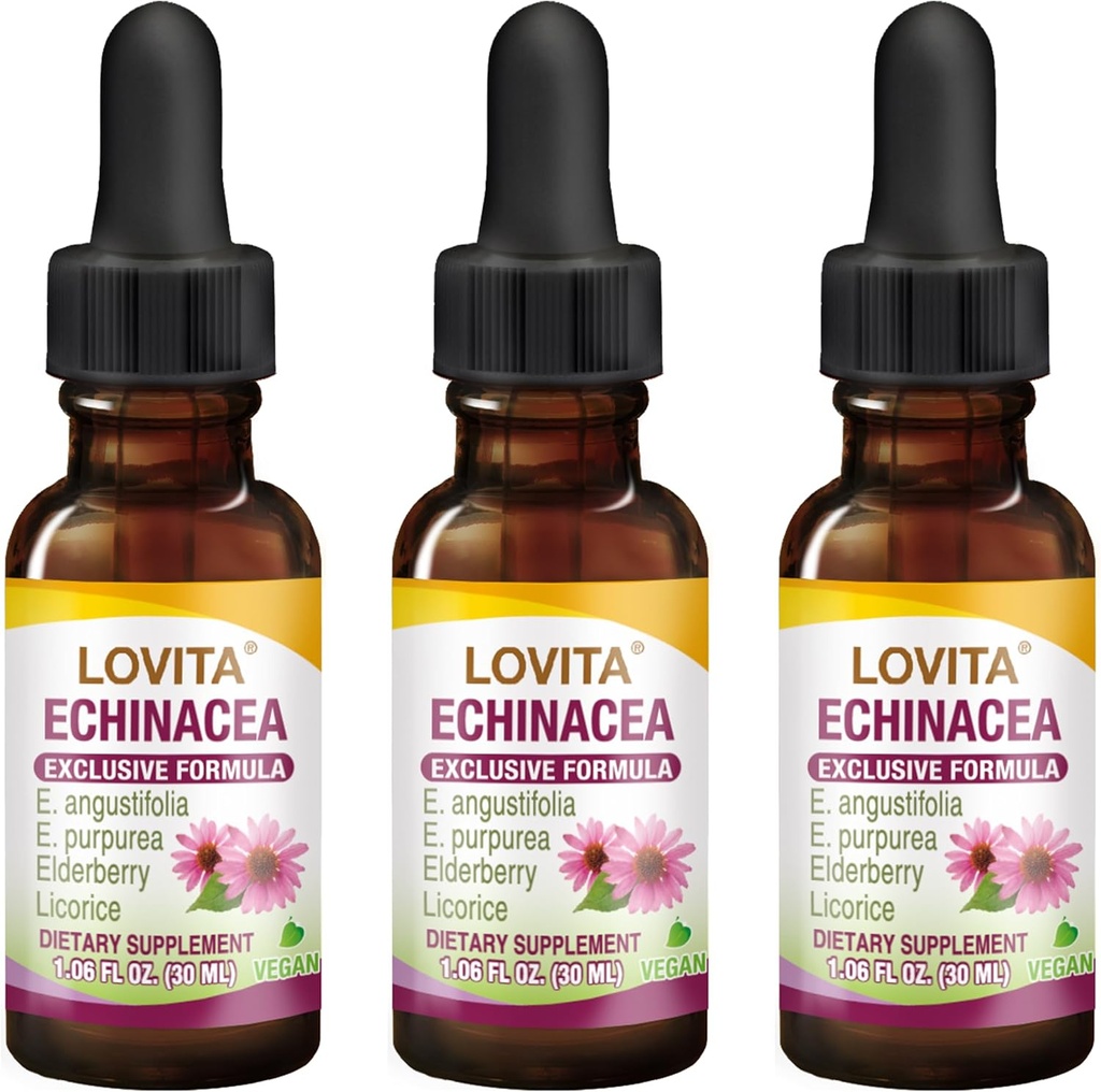 Lovita Echinacea Extrakt Flüssigkeit | 1 FL OZ | 350 mg pro Portion | Konzentrierte Kräuter Tinktur | Vegan | Alkoholfrei | mit Elderberry und Licorice Extrakt (Pack mit 3)