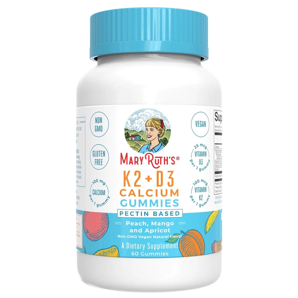 MARYRUTH'S Bios Kalzium mit Vitamin D & Vitamin K2, 2 Monate Versorgung, Kalziumergänzung unterstützt Knochengesundheit & Gelenkunterstützung, mit Vitaminen D3 K2 Gummi, Vegan, Non-GMO, Glutenfrei, 60 Zähler