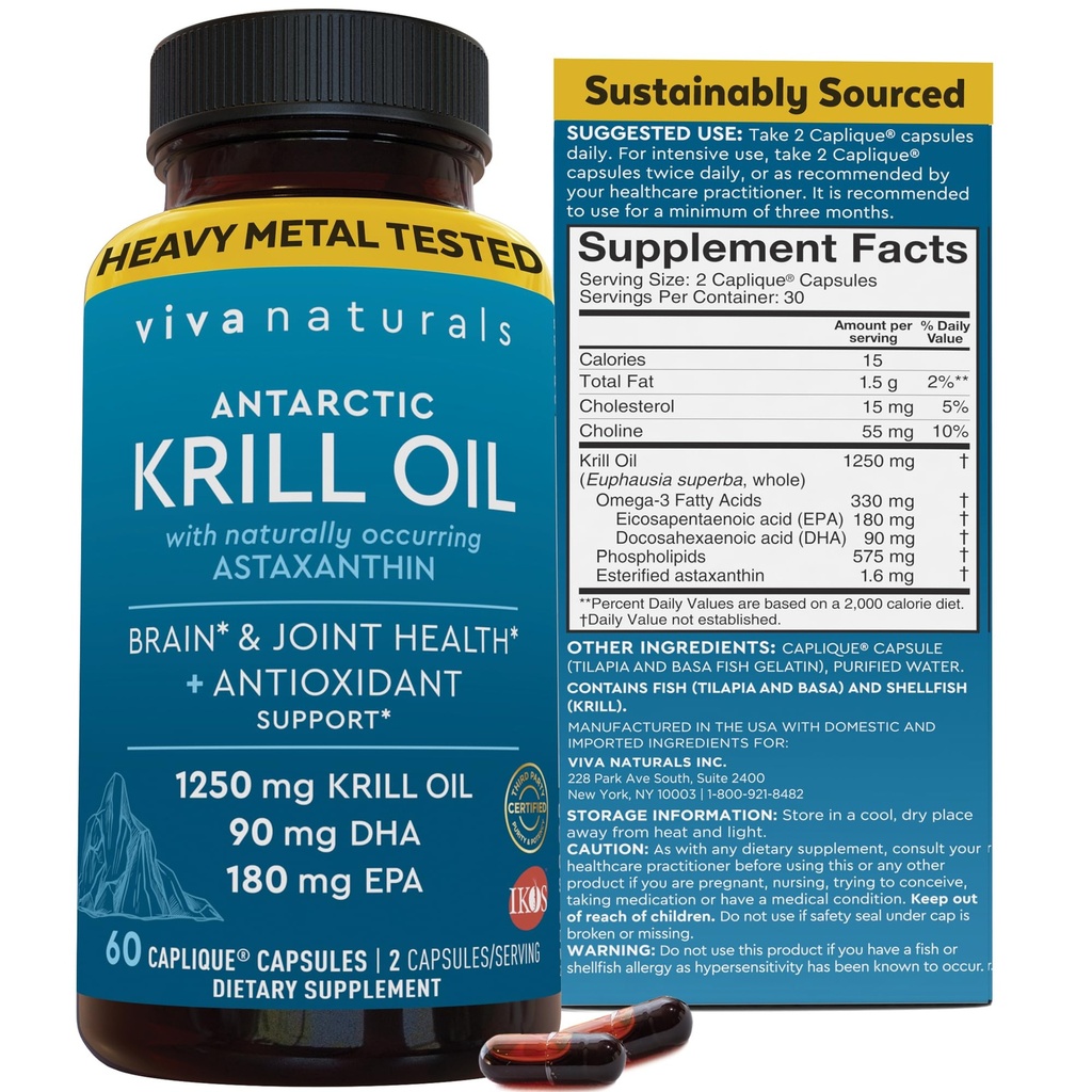 Viva Naturals Antarktis Krill Öl Omega 3 Beilagen 1250 mg - DHA EPA Omega-3 & Astaxanthin Konzentration für Joint Health, No Fish Burp - 60 Krill Öl Kapseln
