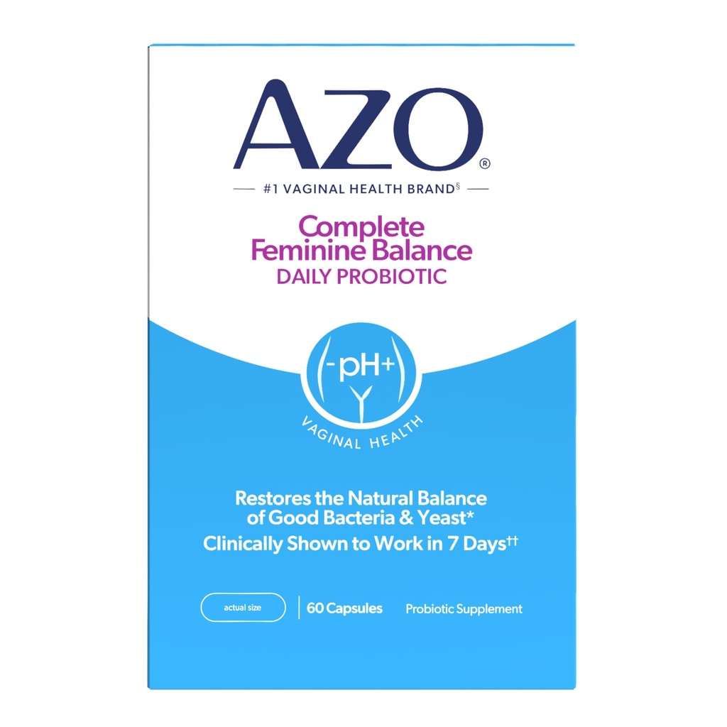 AZO Complete Feminine Balance Daily Probiotics for Women, cliniquement prouvé pour aider à protéger la santé vaginale, aide à équilibrer pH et levure, non-OGM, 60 Compte
