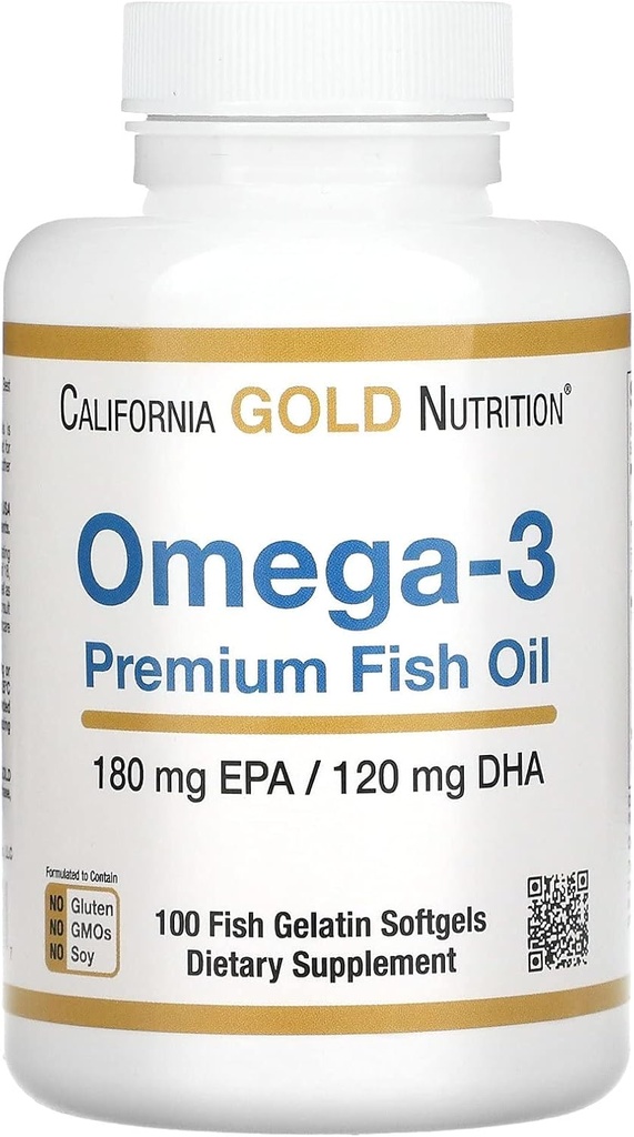 California Gold Nutrition Omega-3 huile de poisson de qualité supérieure, formule concentrée avec EPA & DHA, support pour le profil lipidique optimal et le système immunitaire, sans gluten, sans OGM, 100 softgels de gélatine de poisson