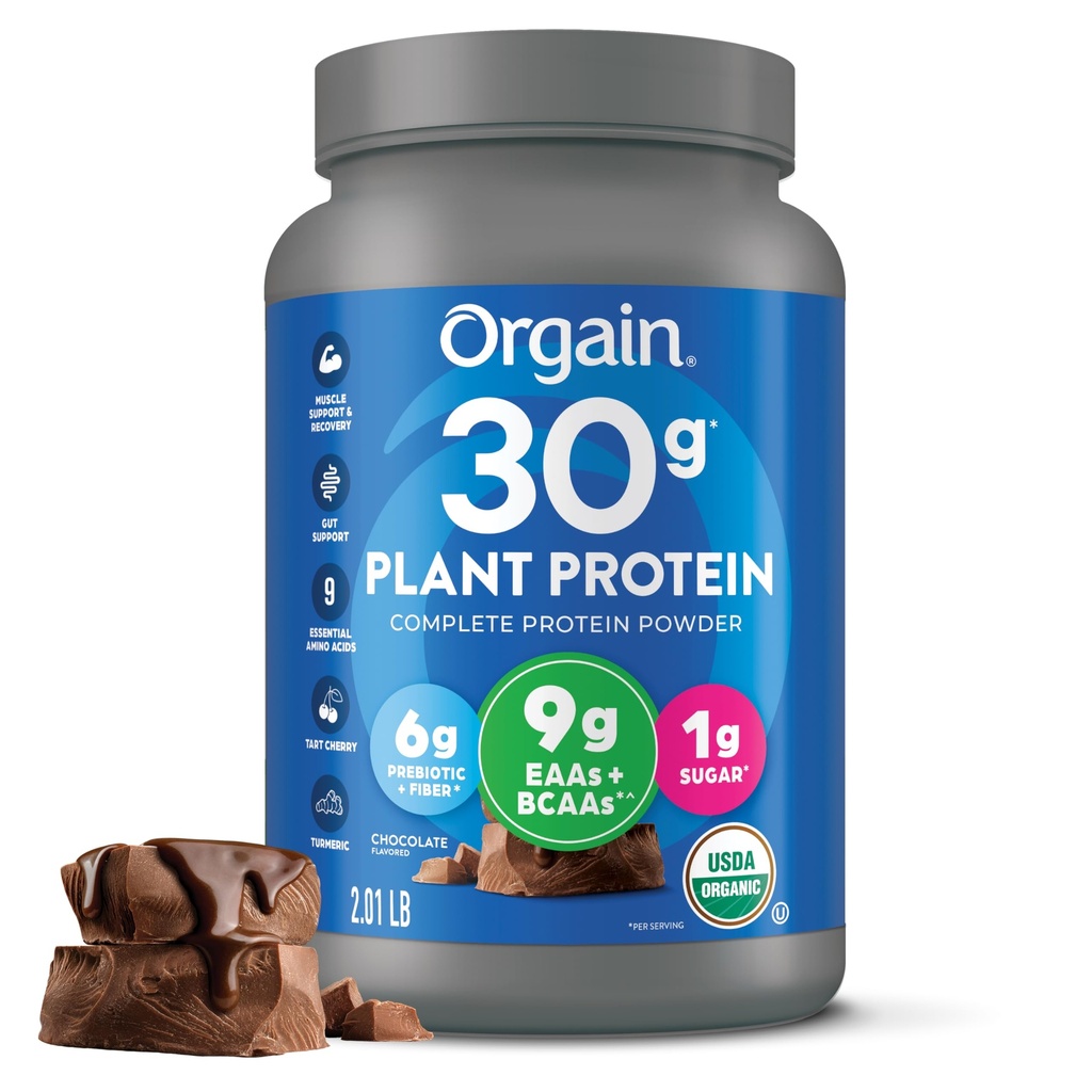 Orgaine biologique 30g Poudre de protéines végétales, Chocolat 9g AAE + BCAA, Protéines végétales, 6g Prébiotique + Fibre, 1g Sucre, Pré-entraînement, Soutien musculaire + Récupération - 2.01lb (Paquetage mai Varier)
