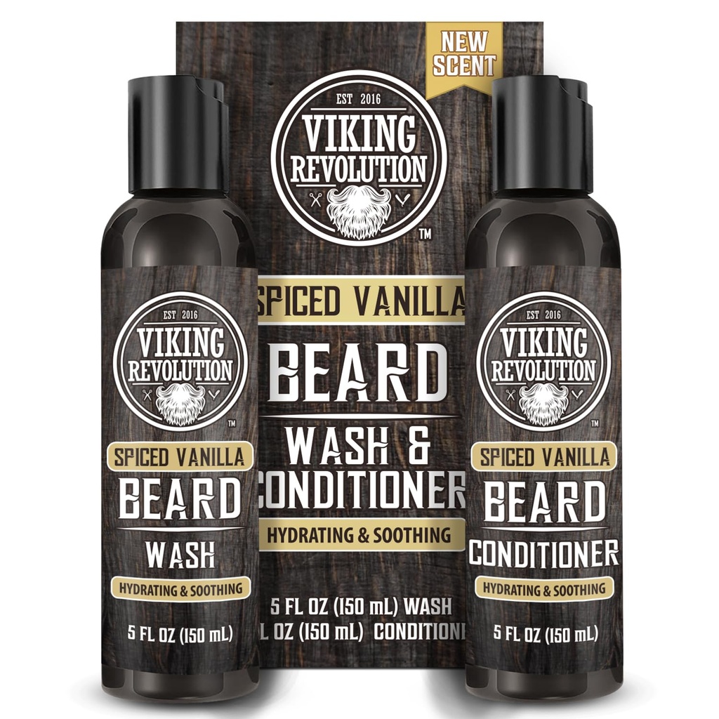 Viking Revolution Bart Wash und Bart Conditioner für Männer mit Argan Öl und Jojoba Öl - Bart Weichmacher und Stärkung Bart Pflege Bart Shampoo und Conditioner mit Bartöl (5oz, Spiced Vanilla)
