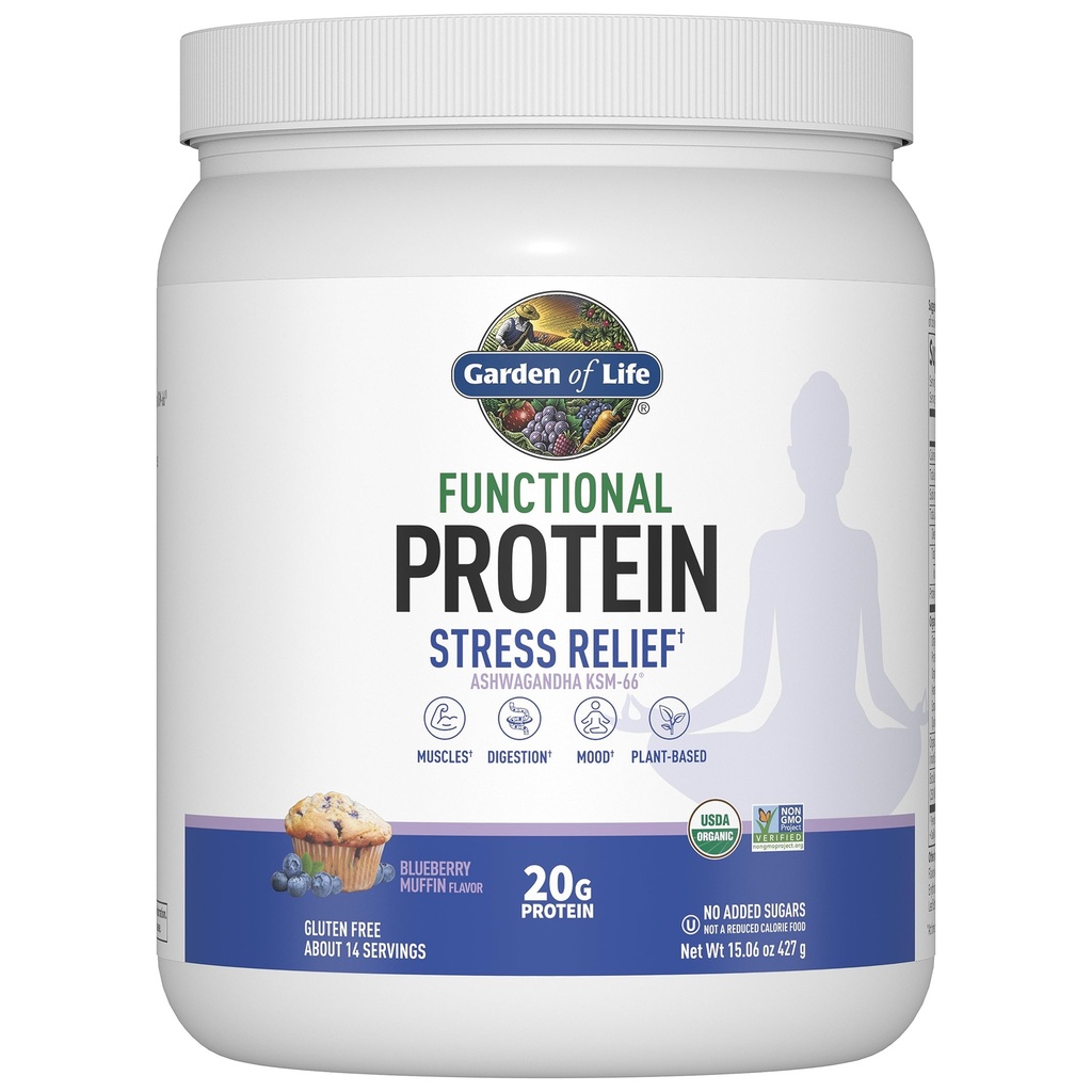 Jardin de la vie - Soulagement fonctionnel du stress protéique - 20g Mélange de protéines germées et fermentées organiques - Muffin de bleuet, mélange d'humeur pour la gestion du stress, Ashwagandha KSM-66, Vegan - environ 14 portions