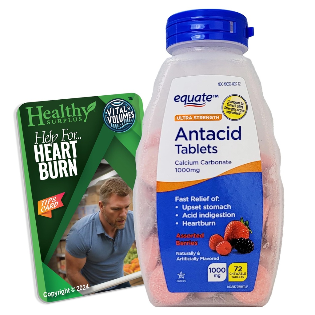 Ultra Strength Antacid Tabletten - Kalziumkarbonat 1000mg - 71 Kautabletten sortierte Beeren und Vitalvolumen Tipps Karte Bundle