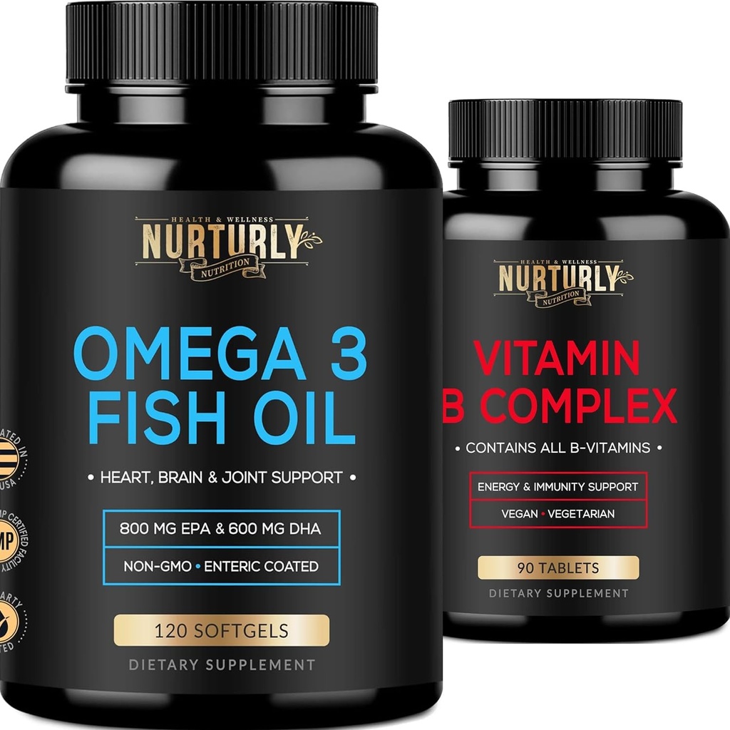 Vitamin B Complex und Omega 3 Fischöl - B Vitamine B1,B2,B3,B6,B7,B9,B12 und Biotin – Fischöl 2000mg, 800mg EPA und 600mg DHA - Energie, Immunität, Gelenk, Gehirn und Herzgesundheit