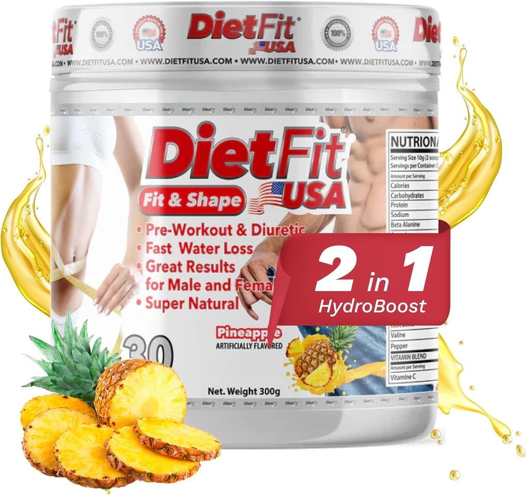 DIETFIT | Pre-Workout und Diuretic 300 Grams | Hydroboost 2-in-1 | Pre-Workout & Diuretic | Intensive Energie | Ananas Flavor | 30 Servicings | Fitness Supplements
