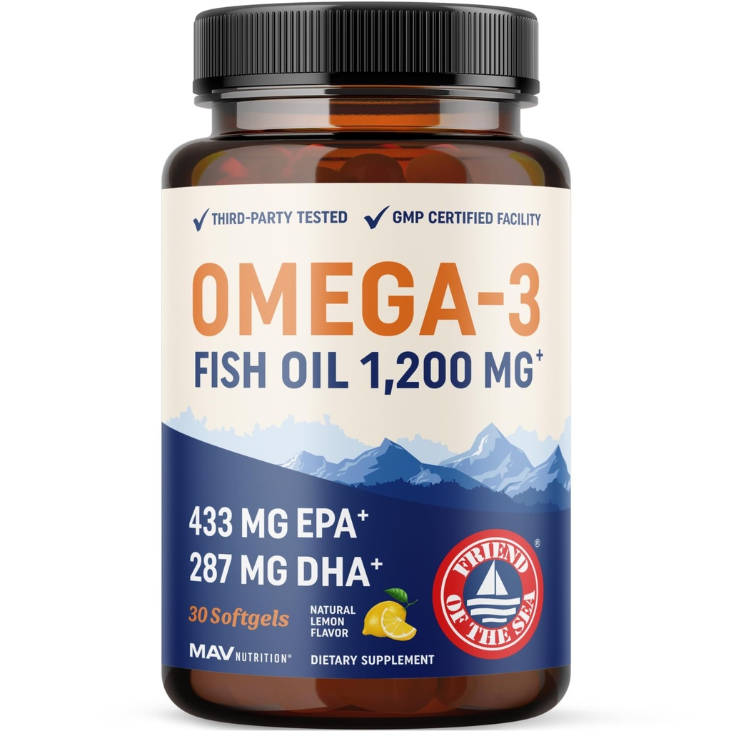 Triple Strength Omega 3 Fish Oil 1200 mg | EPA & DHA | Wild Caught, Sustainable Sourced Omega-3 Fettsäuren | Premium Burpless Fish Oil Supplements | Non-GMO, Third-Party Tested | 30 Softgels