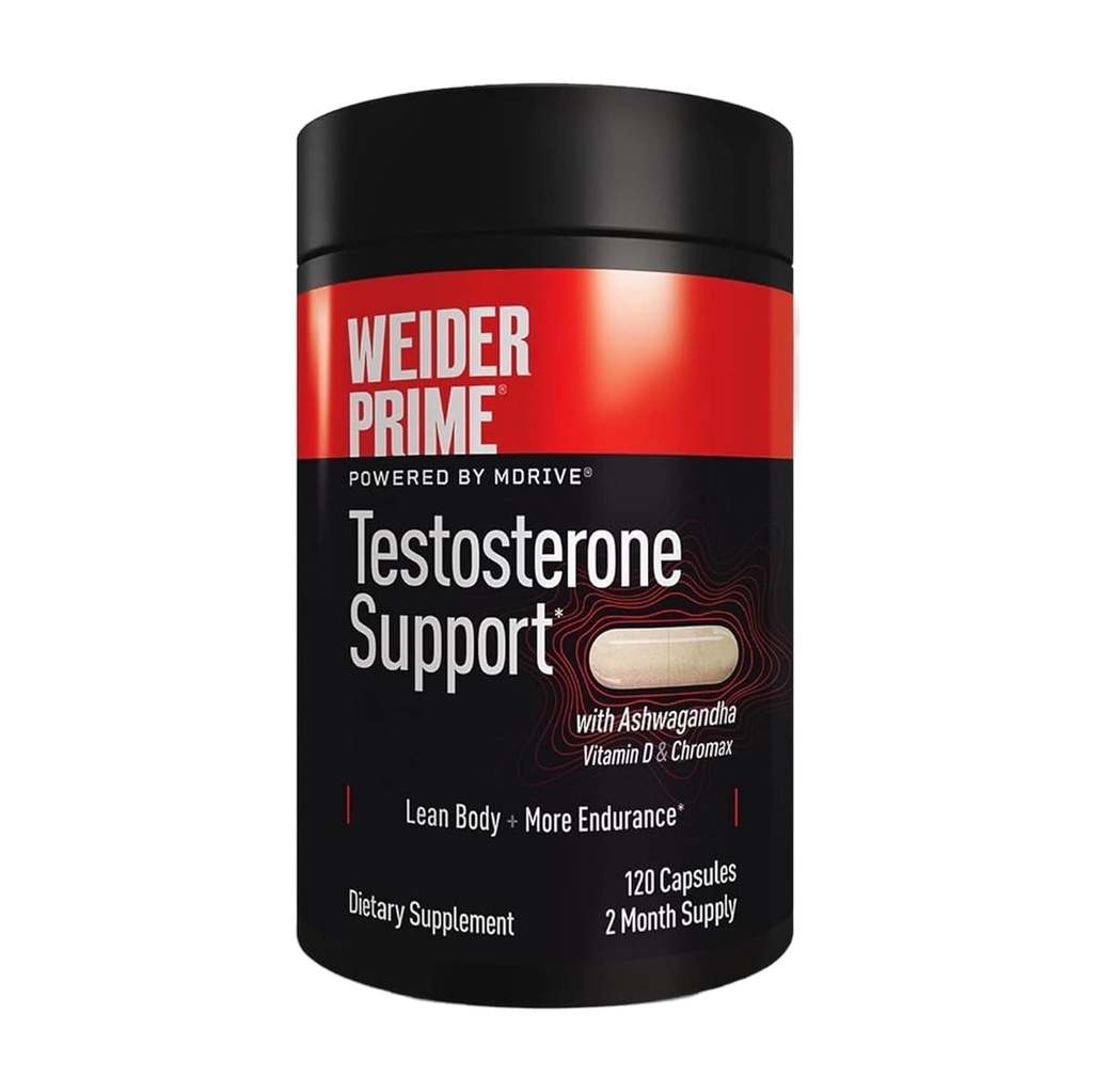 Weider Prime Testosteron Support - Men's Nutrition - angereichert mit Vitaminen & Minerals - mit Ashwagandha, Chromax Chromium, Bioperine & Zink - Glutenfrei - 120 Kapseln
