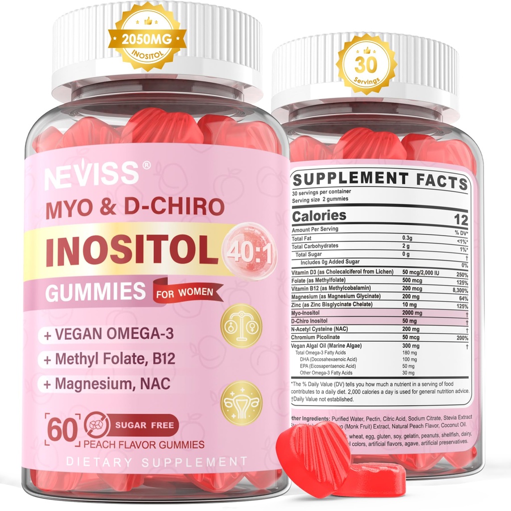 Myo-Inositol et D-Chiro Inositol Gummies sans sucre, idéal 40:1 rapport Inositol supplément pour les femmes avec/Vegan Omega-3, D3, Magnésium, Méthyl Folate, B12, Inositol multivitamine pour la santé globale des femmes