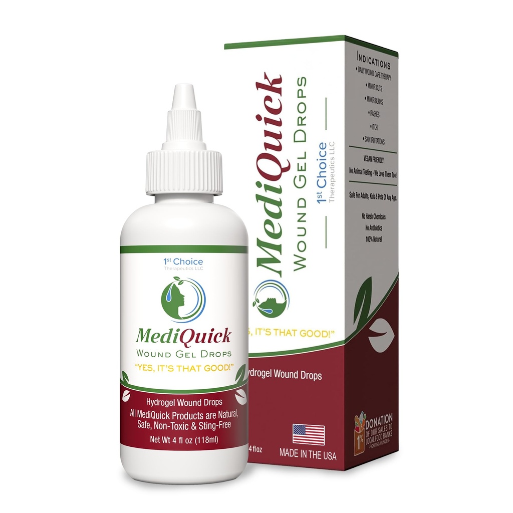 MediQuick Skin & Wound Care Hydrogel Tropfen - schnelle Heilung Erste Hilfe Tropfen mit 12 Stunden Aktion zu heilen Schnitte, Burns, Entzündung, Rash, Itch, Eczema & More - Sichere Wound Wash mit No-Sting - 4 Fl Oz