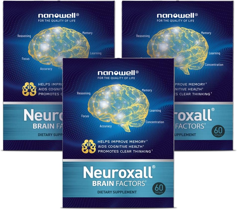 NANOWELL Neuroxall Gehirngesundheitsergänzung für verbesserte kognitive Funktion und psychische Klarheit, Astaxanthin, Ginkgo Biloba Extract, Antioxidans - 60 Softgels X 3 Boxen für 3 Monate (180 Zähler)