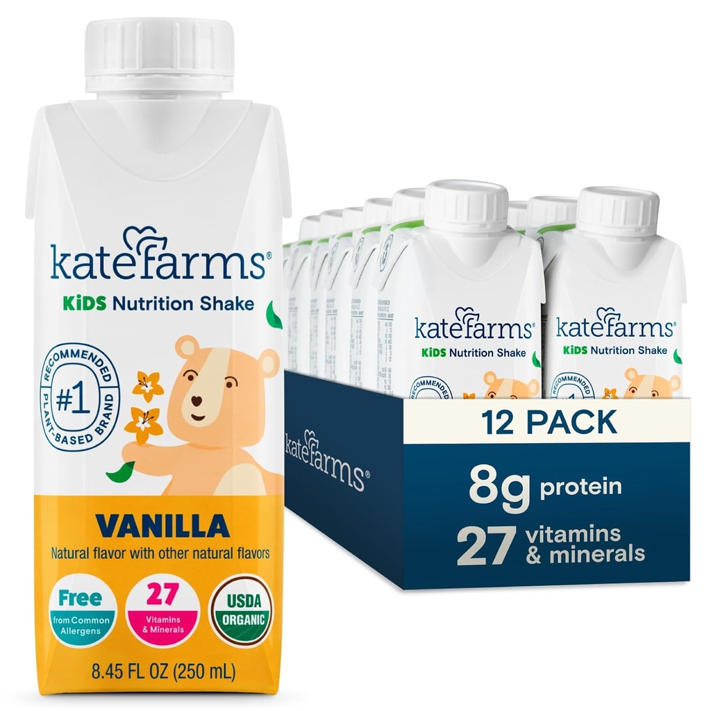 KATE FARMS Organic Kids Nutrition Shake, Vanille, 8g Protein, 27 Vitamine und Mineralstoffe, Meal Replacement Drink, Protein Shake, Glutenfrei, Non-GMO, 8.45 Fl oz (Pack von 12)